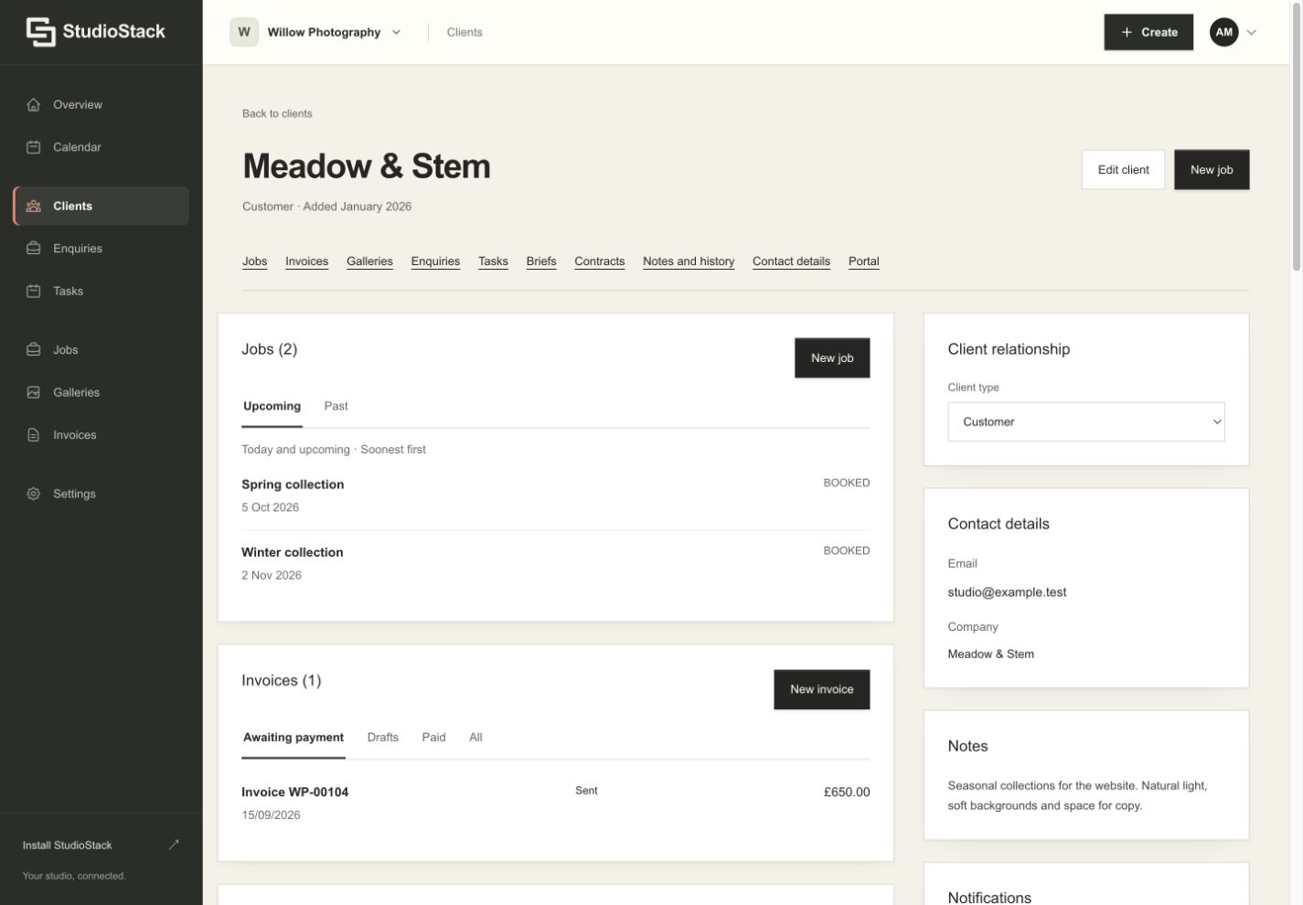 StudioStack client workspace showing two enquiries, their next actions and client notes.