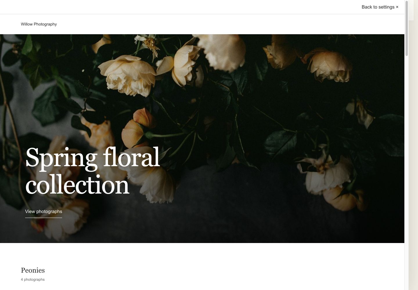 A StudioStack presentation gallery with a floral cover and a View photographs link.