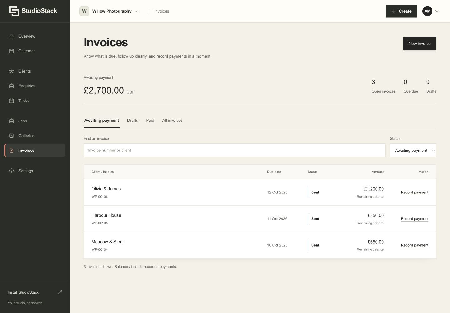 Example StudioStack invoices workspace showing invoice amounts and payment statuses