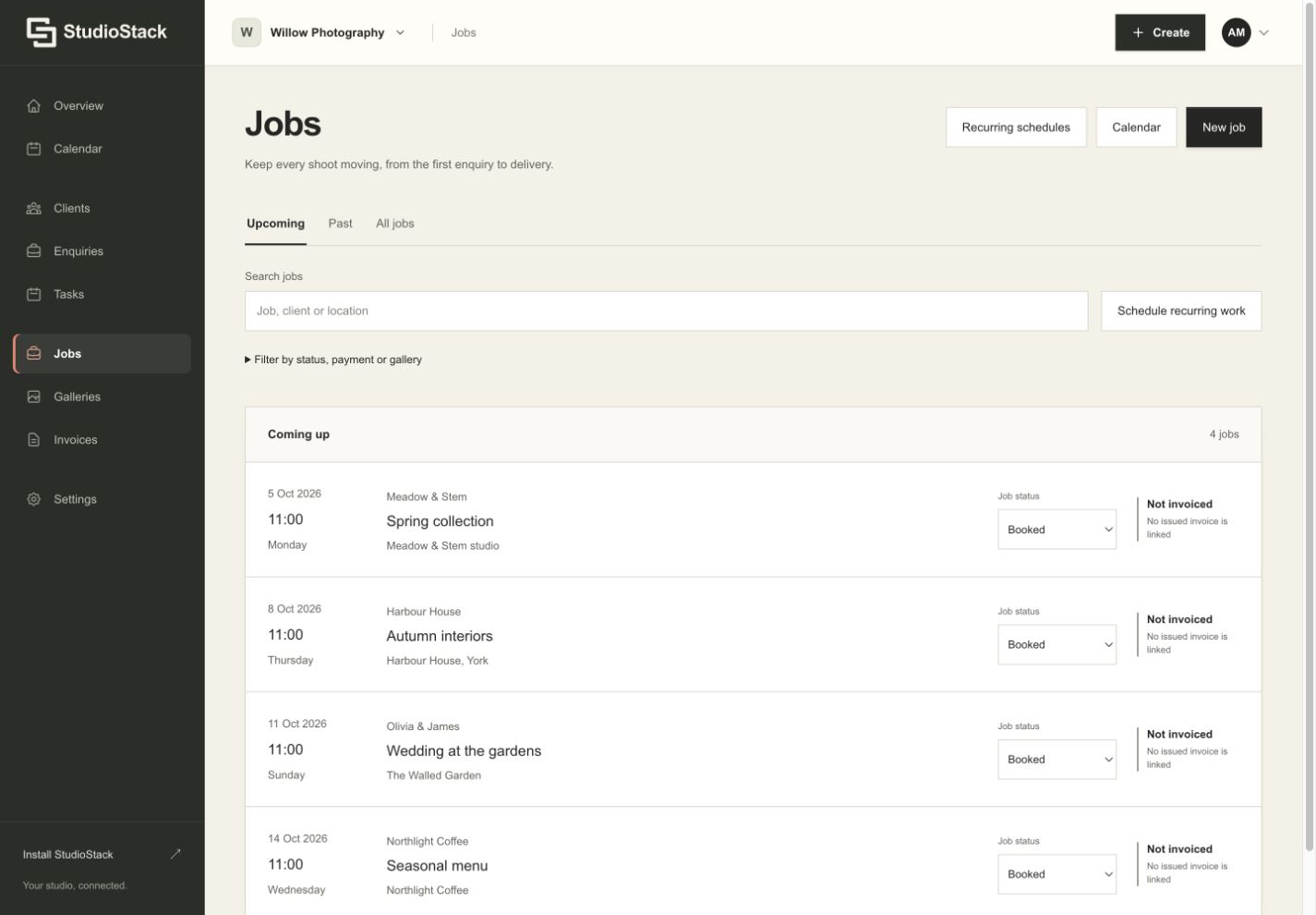 Example StudioStack jobs workspace